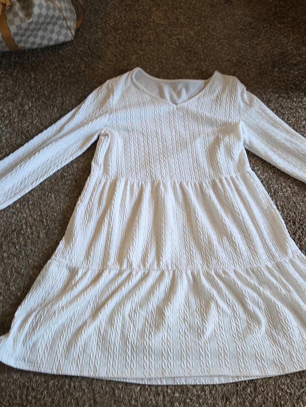 Womens' Long Sleeve Textured White Tiered Dress